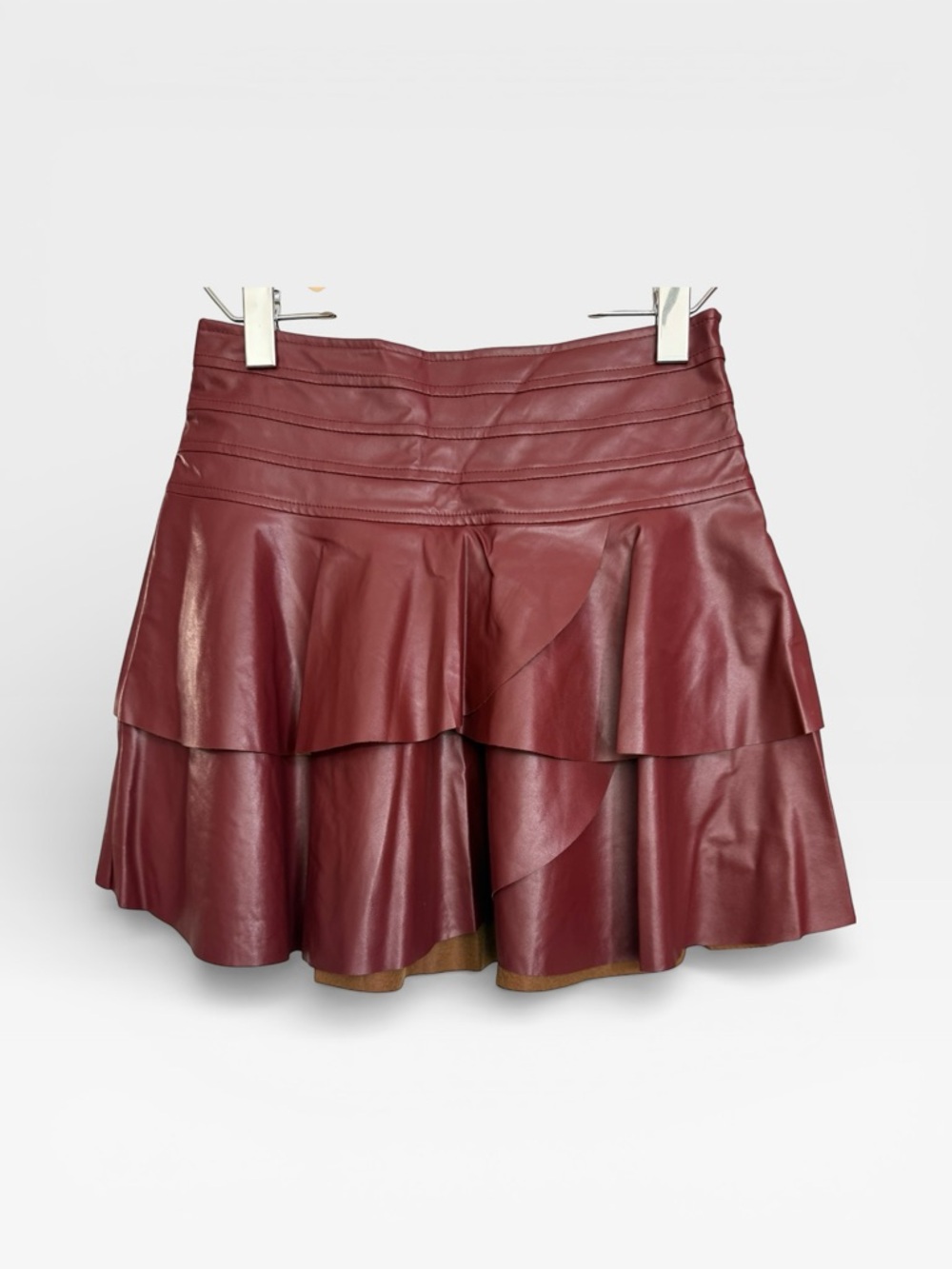 Commense Burgundy Tiered Faux Leather Mini Skirt - Picture 2 of 8